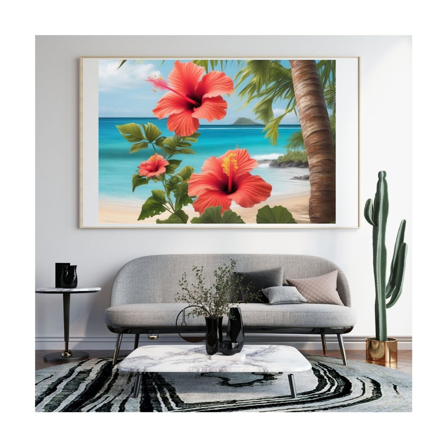 Tropical Beach Hibiscus Digital Wall Art | Ocean Scenic Printable | Instant Download Decor