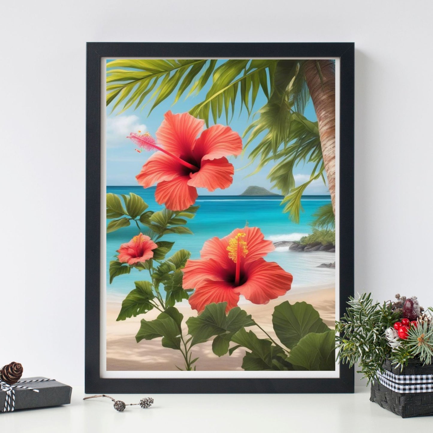 Tropical Beach Hibiscus Digital Wall Art | Ocean Scenic Printable | Instant Download Decor