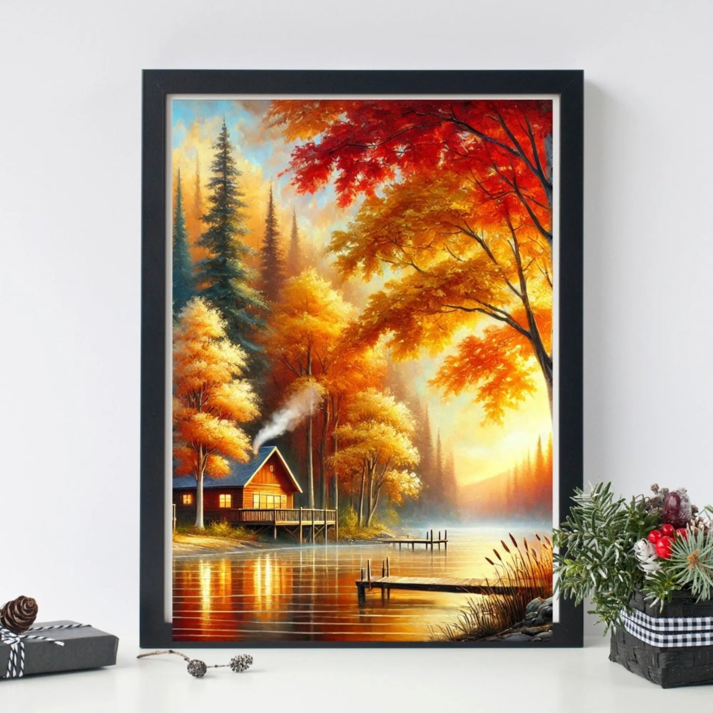 Autumn Cabin Wall Art | Cozy Fall Landscape Printable | Rustic Woodland Lake House Wall Art | Digital Download Wall Decor Now